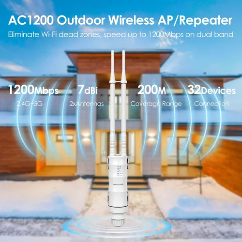 Vista 2 de WAVLINK AC1200 Extensor WiFi de largo alcance para exteriores/punto de acceso inalámbrico con POE activo/pasivo, puerto WAN/LAN, IP67 impermeable