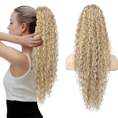 Vista 13 de Flufymooz Extensión de cola de caballo, 22 pulgadas, estilo bohemio, con cordón, extensiones de cabello para mujer, cola de caballo larga, rizada