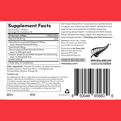 Vista 3 de me today Complejo Astaxantina+suplemento de 8 mg - Potentes cápsulas blandas de apoyo antioxidante - Complejo natural de salud de la piel