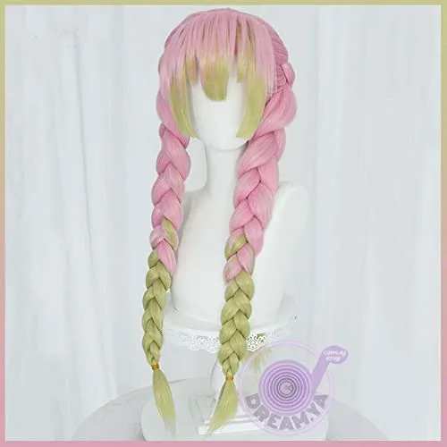 Vista 2 de Peluca de cosplay Kanroji Mitsuri Cosplay peluca anime Demon Slayer Kimetsu No Yaiba rosa verde largo trenzado pelo sintético fiesta de Halloween +