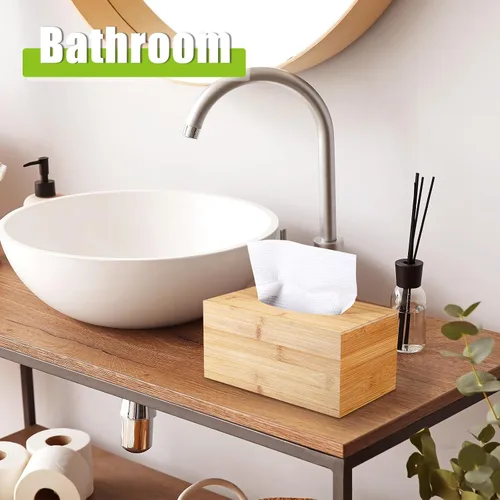 Vista 6 de Funda rectangular para caja de pañuelos de bambú, caja de pañuelos rectangular con parte inferior deslizante, cubo decorativo para pañuelos faciales
