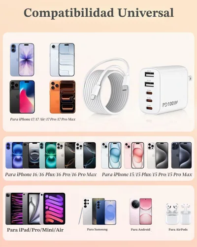 Vista 7 de 100W 5-Port USB C Charging Blocks for iPhone 17 Charger Fast Charging 2Pack