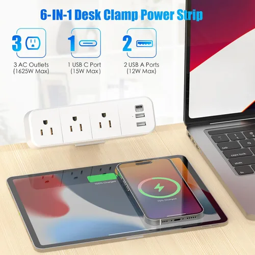 Vista 2 de Regleta de alimentación con abrazadera de escritorio con 2 puertos USB-A y 1 USB-C, 3 salidas de CA, cable de 6 pies, se adapta a borde de mesa