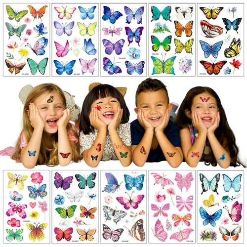 Vista 3 de Tatuajes de mariposa para niños y mujeres, 100 calcomanías temporales de mariposa coloridas e impermeables para recuerdos de fiesta, regalos