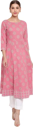 Vista 3 de Janasya Kurta de algodón para mujer india, Rosado