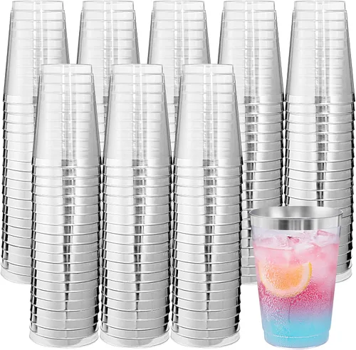 Vista 10 de Supernal 100 piezas de vasos de plástico azules, vasos desechables transparentes azules claros de 10 onzas con borde dorado, vasos de plástico