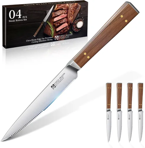 Vista 8 de Juego de 4 cuchillos de carne serrados de Purple Dragon de acero alemán de alto carbono con mango cuadrado de madera - Corte sin esfuerzo - Regalo
