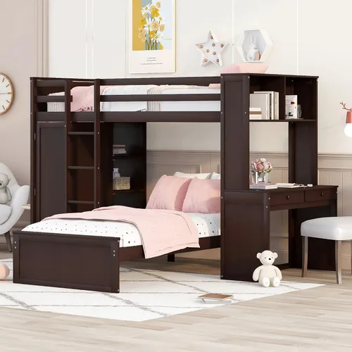 Vista 13 de RUNNA Litera matrimonial sobre individual con escritorio, cajones y escaleras, litera de madera maciza para niños, niñas, adolescentes y adultos
