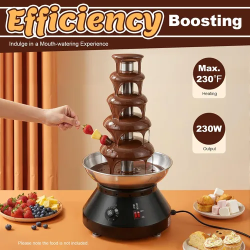 Vista 2 de Fuente de chocolate comercial de 5 niveles, 230 W, 7 libras, máquina de fuente de fondue caliente de acero inoxidable, máquina grande de fondue
