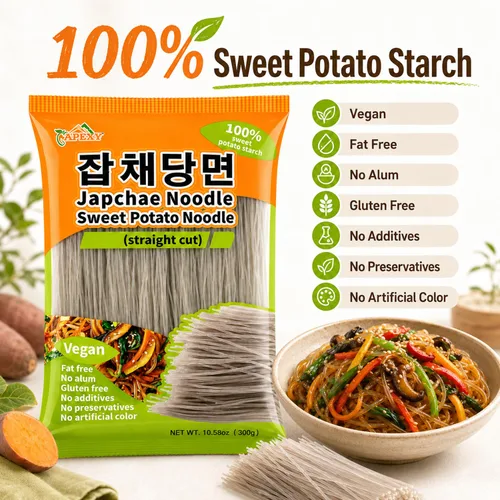 Vista 2 de APEXY Fideos de vidrio de batata corte recto, fideos japchae, pasta de fideos coreanos, sin grasa y sin gluten, 100% almidón de batata, sin