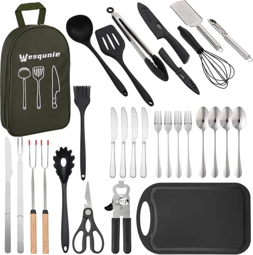 Vista 8 de Wesqunie Juego de utensilios de cocina para camping, 25 piezas, kit de artículos esenciales de cocina de campamento, accesorios portátiles