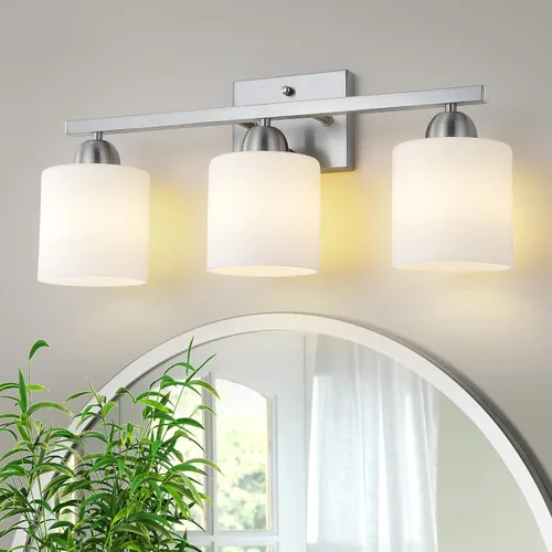 Vista 12 de Mecgirn Luces de tocador de vidrio de leche de acero inoxidable para baño, 2 lámparas cromadas de baño sobre espejo, enchufes E26 de cerámica