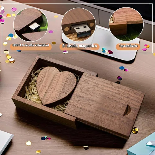 Vista 4 de Unidad flash de madera en forma de corazón 32GB USB3.0 con caja de regalo, unidad USB de madera 32G USB 3.0 Super-Speed JumpDrive caja de madera