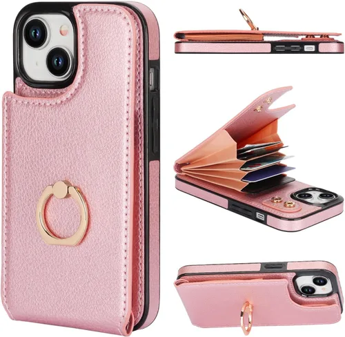 Vista 12 de Folosu Compatible con iPhone 15 Funda cartera con tarjetero con rotación de 360°, soporte de anillo de dedo con función atril, bloqueo RFID, de Negro
