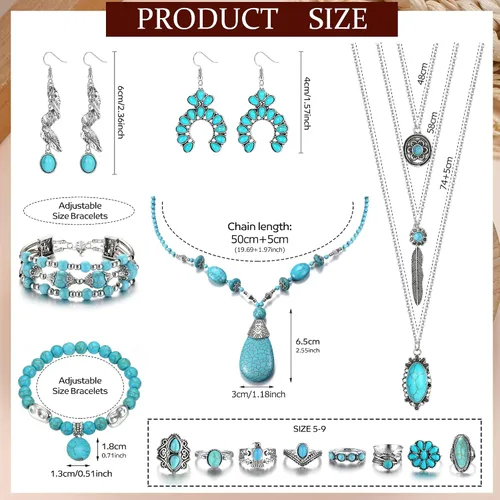 Vista 2 de FUNRUN JEWELRY Western Jewelry - Collares bohemios del oeste para mujer, aretes colgantes de turquesa, anillos para nudillos, pulsera envolvente