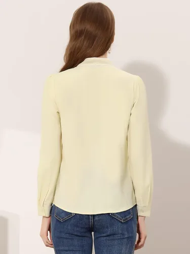 Vista 4 de Allegra K Camisa de manga larga con botones y cuello de lazo para mujer
