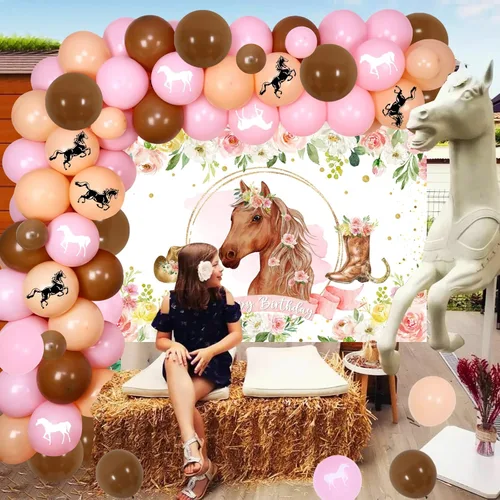 Vista 5 de Decoración para fiesta de vaquera occidental, fondo de fotos de caballo de carreras con flores rosas y kit de arco de guirnalda de globos