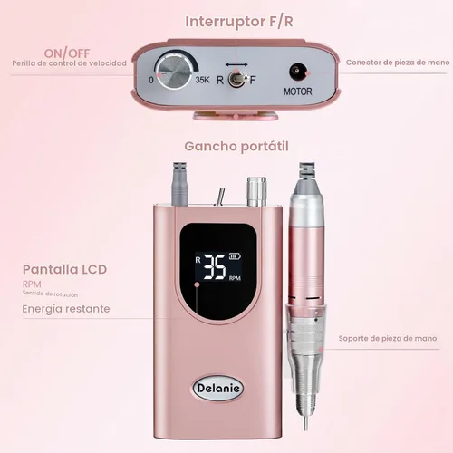 Vista 3 de Delanie Taladro de uñas eléctrico profesional 35000 RPM para uñas de gel Oro rosa