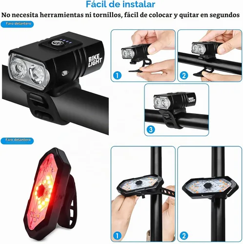 Vista 7 de Juego de luces de bicicleta, luz recargable USB para bicicleta delantera y trasera, 1000 lúmenes para bicicleta y luz trasera con señal de giro