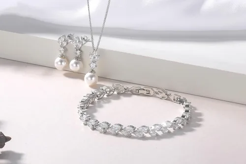 Vista 5 de Joyas de boda para novia, dama de honor, aretes colgantes de perlas y collar colgante, joyería de novia para promesas, bodas y fiestas, Metal