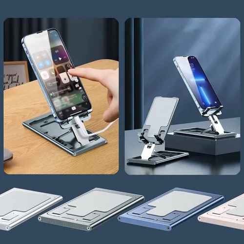 Vista 6 de Soporte plegable para teléfono celular, ángulo de altura, ajustable, de aluminio, soporte para teléfono de escritorio, soporte portátil para iPhone