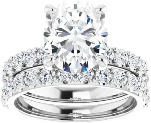 Vista 2 de JEWELERYN - Juego de anillos de compromiso ovalados de moissanita incolora de 2 quilates para mujer y ella, juego de anillos de boda para novia