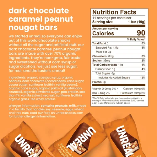 Vista 2 de Unreal - Barras de turrón de cacahuete y caramelo de chocolate oscuro, bolsas de tamaño económico, paquete de 3 Chewy caramel, organic peanuts and