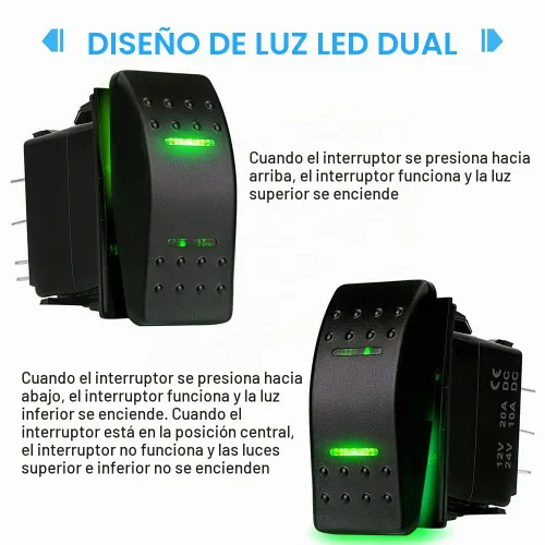 Vista 2 de Interruptor basculante momentáneo (ON) - Apagado (ON) Impermeable 12V/20A 24V/10A 7Pin DPDT luz LED verde, con cables de puente para barco