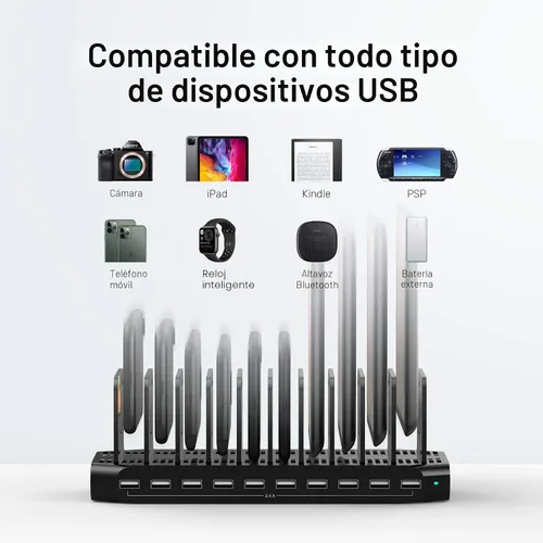 Vista 7 de Unitek - Estación de carga USB, estación de acoplamiento de carga rápida de 10 puertos USB y divisores ajustables, organizador de cargador