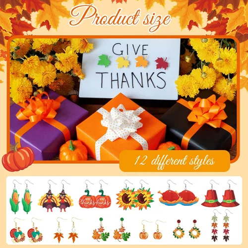 Vista 3 de 12 pares de aretes de Acción de Gracias a granel para otoño, calabaza, pavo, aretes colgantes para Acción de Gracias, otoño, joyería para mujeres