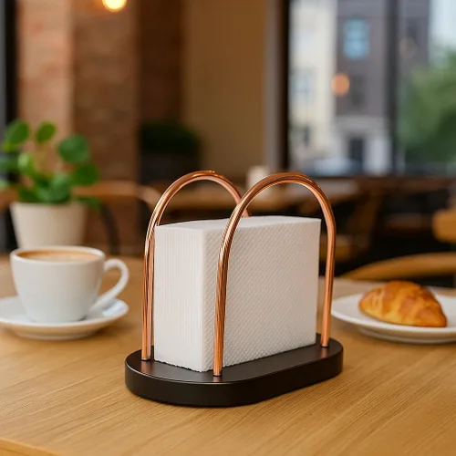 Vista 8 de Servilletero de madera de castaño y cobre – Elegante dispensador de mesa para comedor y uso al aire libre, elegante y práctico almacenamiento