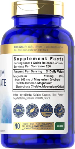 Vista 2 de Carlyle Bisglicinato de magnesio tamponado 665 mg 250 cápsulas Mineral esencial quelado Suplemento sin OMG y sin gluten