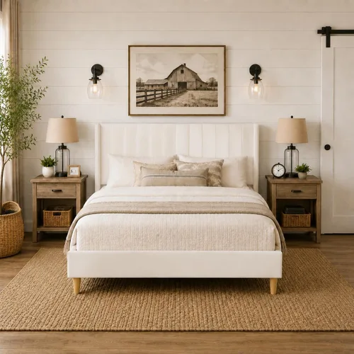 Vista 11 de Upholstered Bed Frame with Wingback Headboard and Wood Slats (Beige-Linen, Twin)