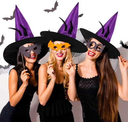 Vista 6 de Sombrero de bruja de Halloween con malla de encaje suave, flor de rosa y pluma, accesorio de disfraz de Halloween, sombrero de bruja