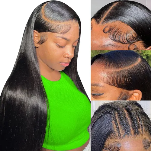 Vista 25 de mengkai Pelucas de cabello humano de 32 pulgadas con encaje frontal de 13x6, cabello humano predesplumado liso, peluca frontal de encaje HD