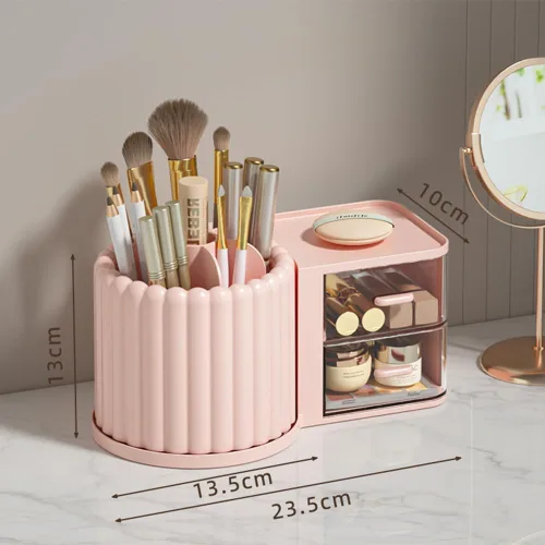 Vista 7 de Organizador de Maquillaje para Encimera, Soporte Giratorio 360° para Brochas de Maquillaje con 2 Cajones, Pequeño Organizador Preppy 9.25x5.11