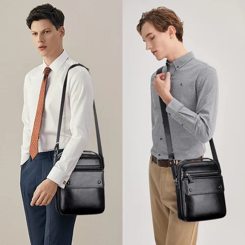 Vista 2 de PIJUSHI Bolso cruzado de cuero genuino para hombre pequeño bolso de mensajero con múltiples bolsillos