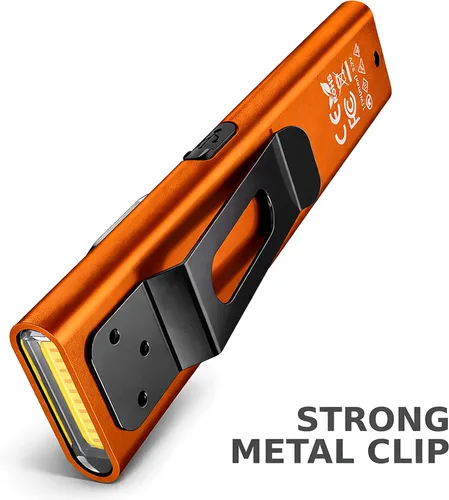 Vista 6 de BELNOR - Linterna LED recargable, linterna plana de bolsillo delgada de 700 lúmenes con COB magnético, luz UV, carga USB-C, mini linterna EDC Naranja