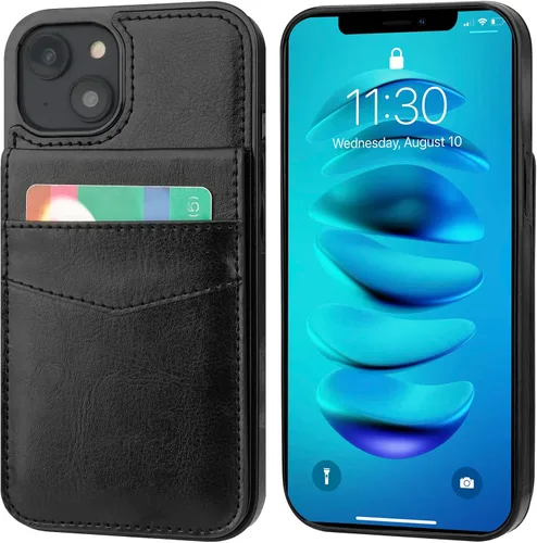 Vista 3 de KIHUWEY - Funda tipo cartera para iPhone 14 Plus, tarjetero con soporte, color negro Ranuras para tarjetas de crédito, piel sintética, cierre