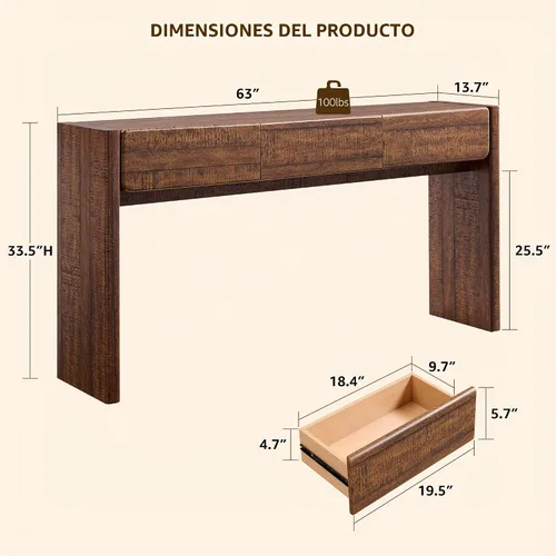 Vista 2 de OKD Mesa consola de 63 pulgadas con 3 cajones, mesa de entrada de granja con esquinas redondeadas, mesa consola detrás del sofá para sala de Roble