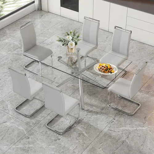Vista 11 de Juego de 6 mesas de comedor de cristal, moderno juego de mesa de comedor de vidrio templado rectangular transparente de 71 pulgadas y 6 sillas