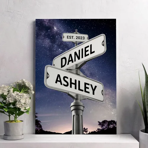 Vista 11 de Cartel de calle vintage de lienzo personalizado para parejas, cartel de cruce de caminos con nombre personalizado, el mejor regalo para parejas