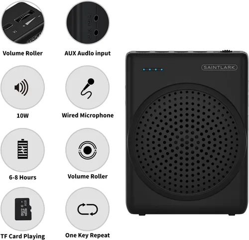 Vista 4 de SAINTLARK S22 Amplificador de voz para profesores, con micrófono portátil con cable y altavoz y cinturón compatible con formato MP3 audio
