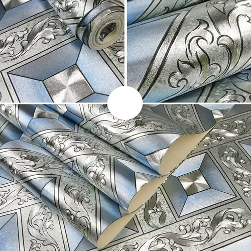 Vista 2 de Q QIHANG DAWEI - Papel tapiz decorativo para habitación de KTV, mosaico plateado, diseño de rombos y rombos, color azul plateado, 1.73 pies de ancho