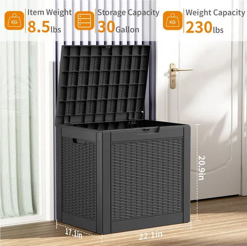 Vista 3 de Caja de resina de 30 galones para terraza, caja de almacenamiento para patio al aire libre con cierre para muebles, herramientas de jardín