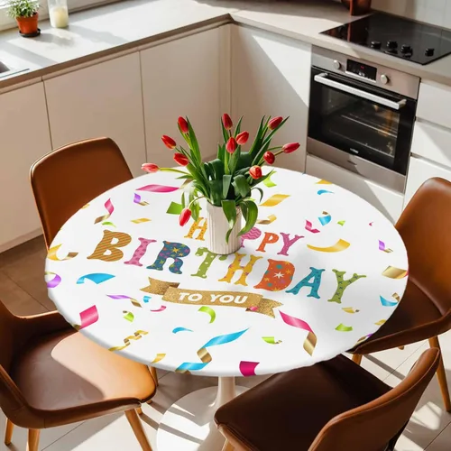 Vista 5 de Mantel redondo ajustable de feliz cumpleaños, con diseño de rayas de colores, diseño de lunares, elástico, impermeable, para interiores