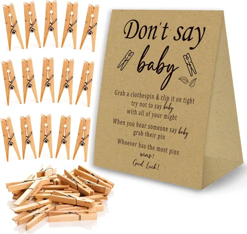 Vista 8 de Juego de pinzas para la ropa de baby shower, un cartel de papel recubierto de 5 x 7 pulgadas y 50 pinzas naturales para la ropa, baby shower