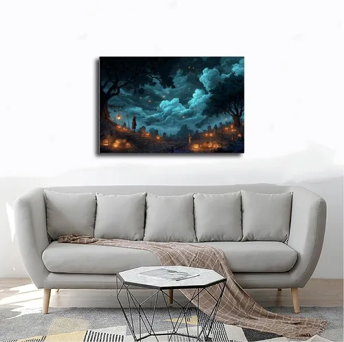 Vista 8 de JDBeehpy Spooky Halloween Cemetery Scene Wall Art Jack - O' - Lanterns Poster Mysterious Night Sky Frame Canvas Print PaintingCreepy Decor Mural