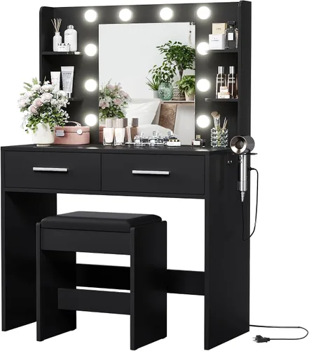 Vista 12 de YESHOMY Escritorio de tocador con espejo, mesa de maquillaje, negro oscuro