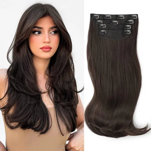 Vista 15 de FREEMEIGE 4 piezas de extensiones de cabello con clip, extensiones de cabello largas y gruesas con capas rectas de 20 pulgadas, extensiones